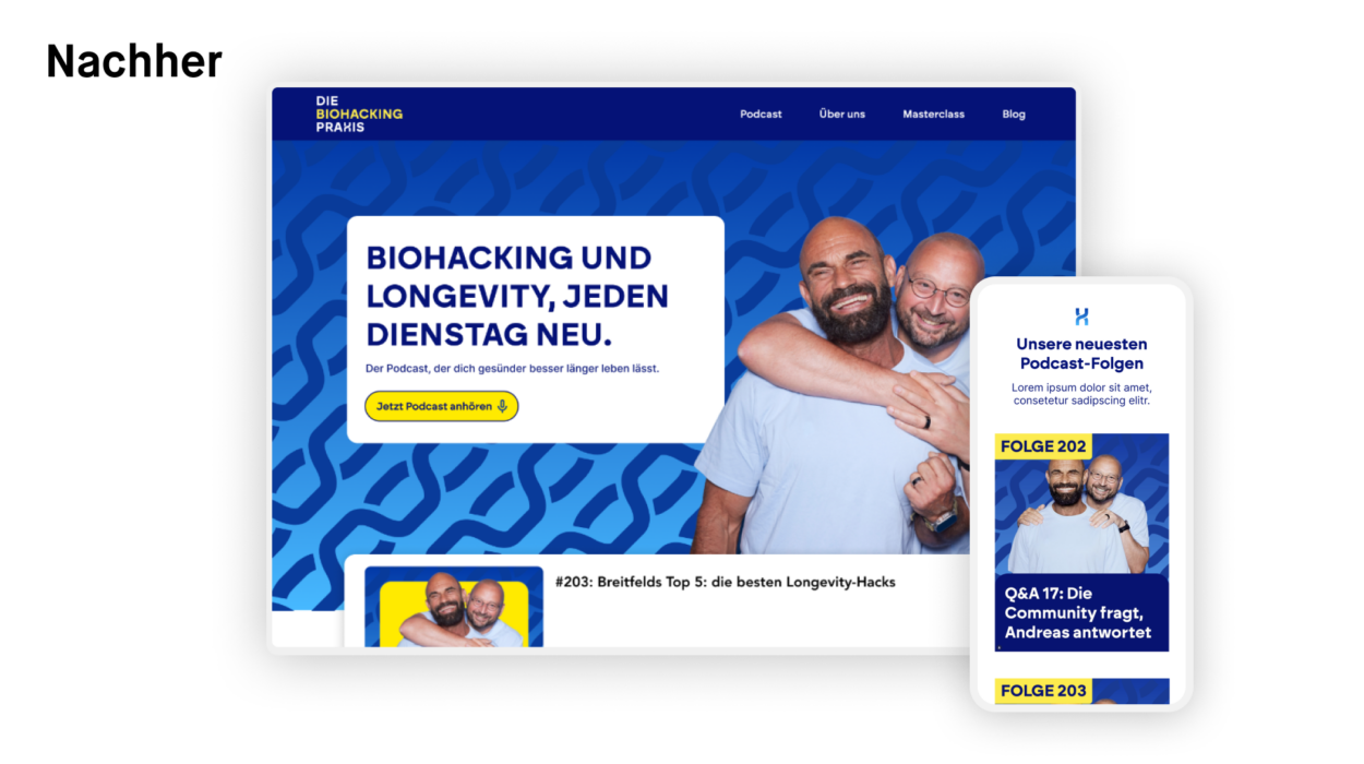 Website- und Mobilversion mit einem lächelnden, sich umarmenden Paar vor einem blau gemusterten Hintergrund. Ein prominenter Text weist auf einen Biohacking-Podcast hin.