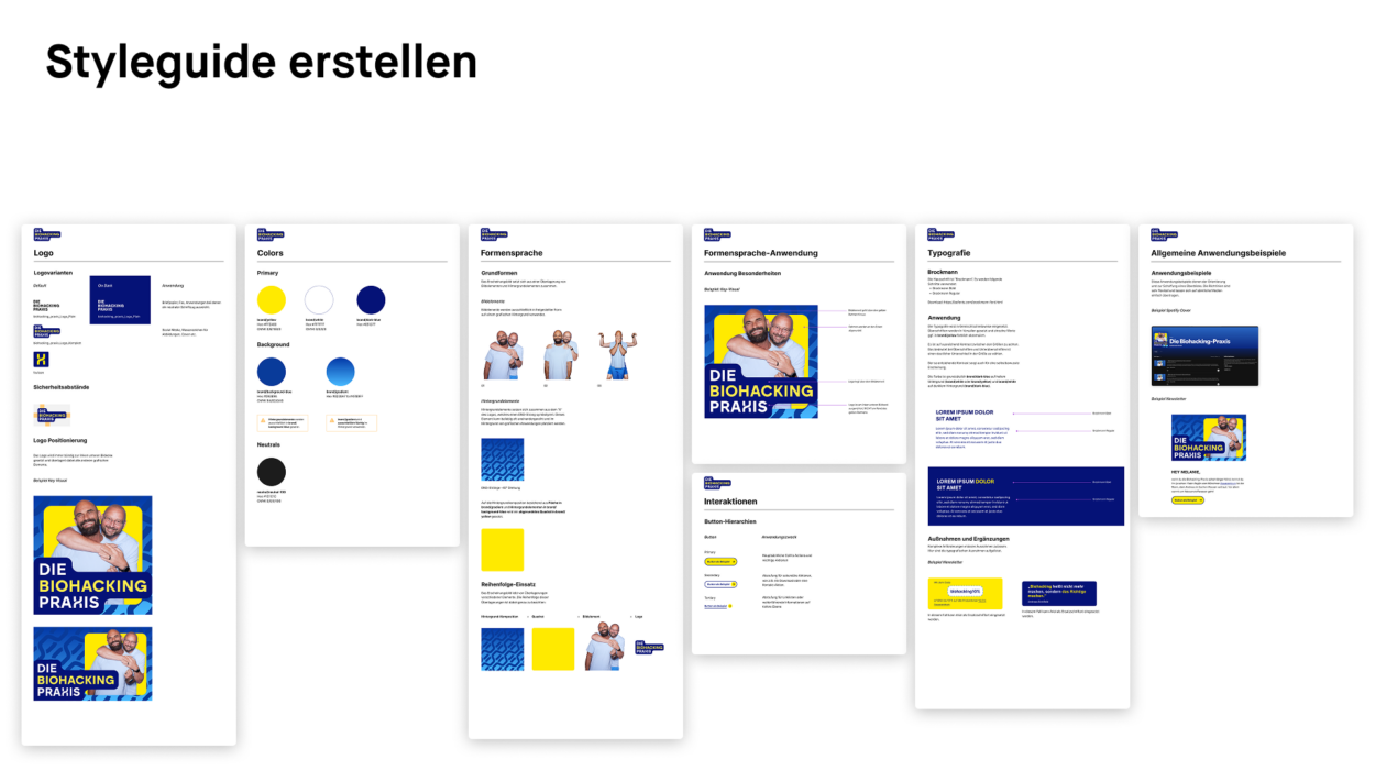 Layout eines digitalen Styleguides mit Abschnitten für Logo, Farben, Bildverwendung, Typografie und Anwendungsbeispiele in einem lebendigen, professionellen Ton.