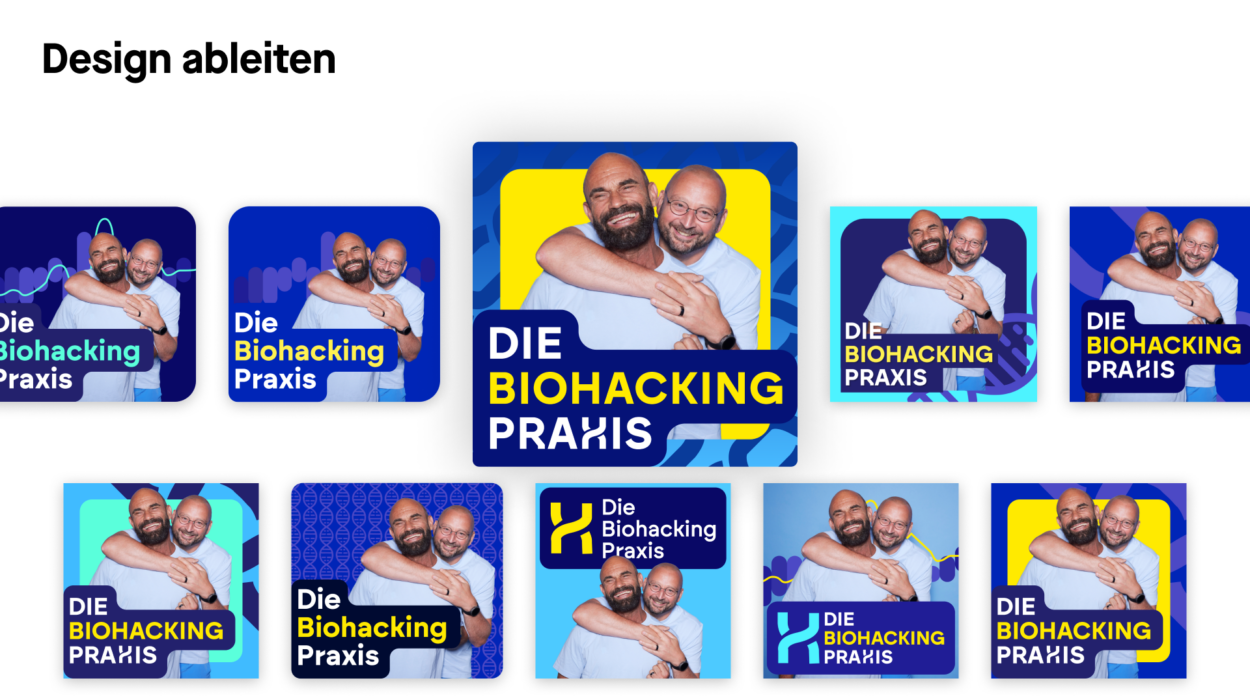 Eine Reihe von Bildern zeigt die Designentwicklung eines Key-Visuals für den Podcast „Die Biohacking Praxis“. Leuchtende Farben vermitteln einen modernen, freundlichen Ton.