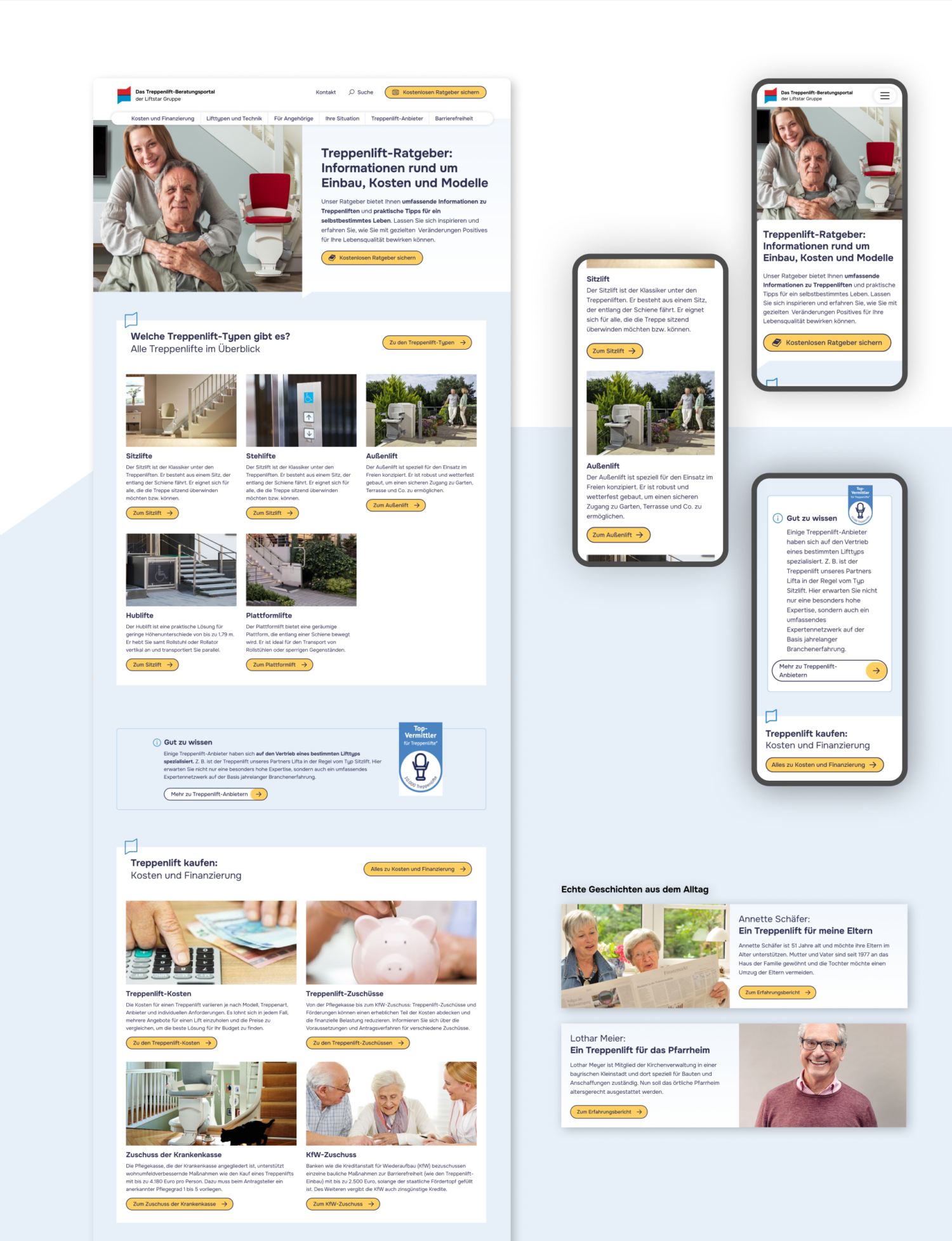 Webseiten- und Mobilversionen einer Treppenlift-Ratgeberseite mit Bildern von Treppenliften, älteren Nutzern und Navigationsbuttons. Übersichtliches und informatives Layout.