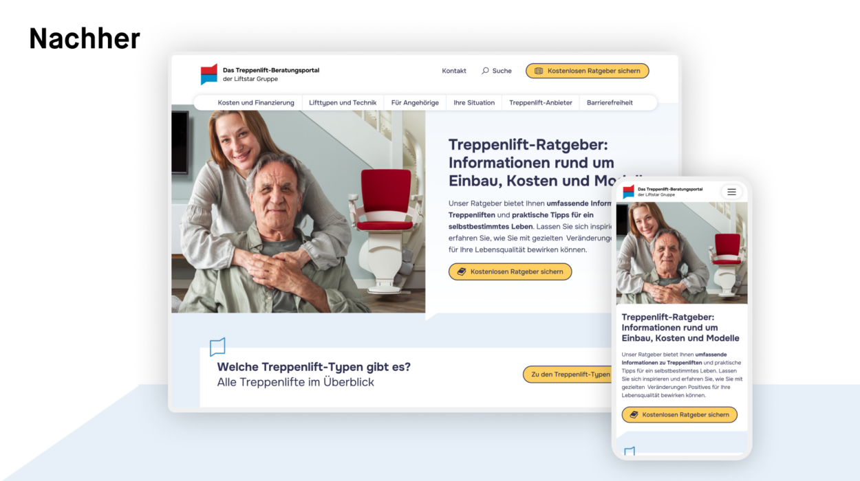 Die Website präsentiert ein Beratungsportal für Treppenlifte und zeigt einen älteren Mann, der von einer lächelnden Frau umarmt wird. Im Hintergrund ist ein Treppenlift zu sehen. Das Design ist übersichtlich und bietet eine intuitive Navigation sowie Bereiche zu Kosten, Modellen und Nutzertipps. Der Ton ist hilfsbereit und informativ.