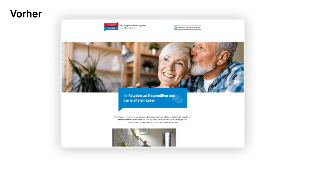 Auf einer Webseite ist ein älteres Paar zu sehen, das herzlich lächelt, während der Mann die Frau auf die Wange küsst. Ein blaues Banner mit der Aufschrift „Ihr Ratgeber zu Treppenliften und barrierefreiem Leben“ wirbt für Barrierefreiheit.